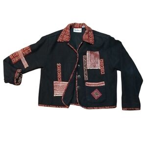Vintage Flashback Women's Size Small Black Jacket with Red Patterned Accents
